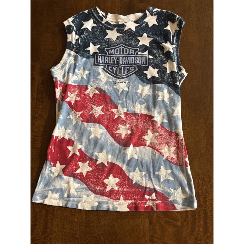 Vintage 2005 Harley Davidson Tank Top Womens L American Flag Stars Y2K Biker